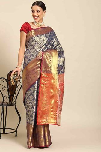 Silk Land  Navy Blue  Woven Design Brocade Saree 