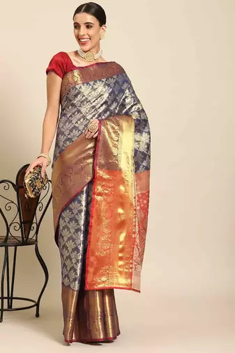 Silk Land  Navy Blue  Woven Design Brocade Saree 