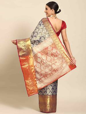 Silk Land  Navy Blue  Woven Design Brocade Saree  2