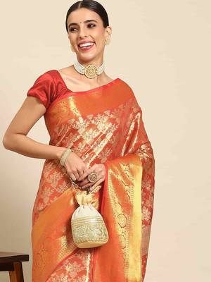 Silk Land  Red  Woven Design Brocade Saree  1