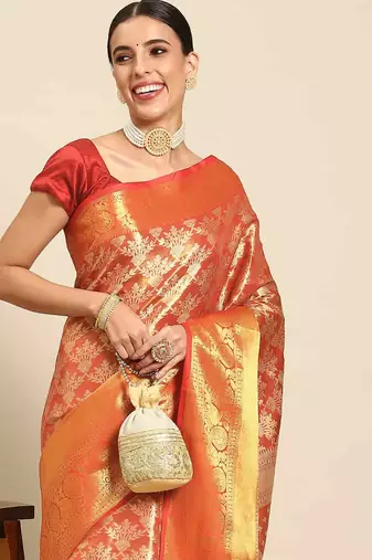 Silk Land  Red  Woven Design Brocade Saree 