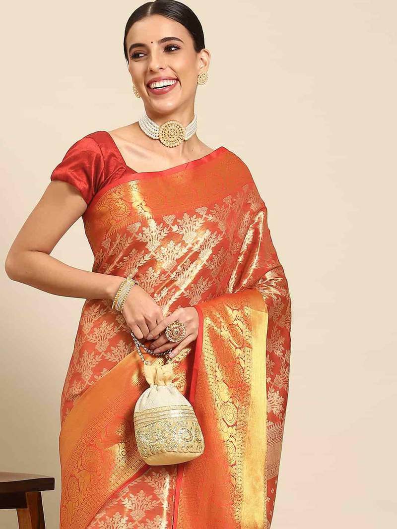 Silk Land  Red  Woven Design Brocade Saree 