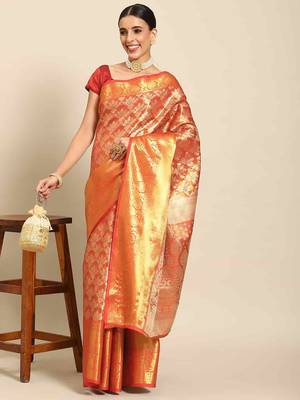 Silk Land  Red  Woven Design Brocade Saree  2