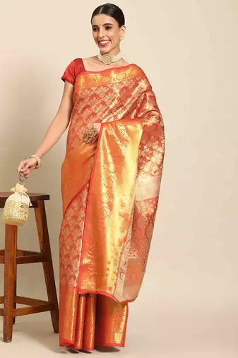 Silk Land  Red  Woven Design Brocade Saree 