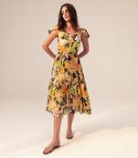 Black camellia floral printed midi dress