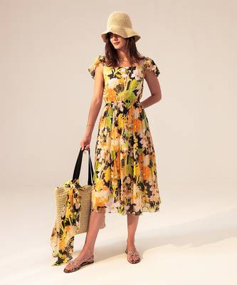 Black camellia floral printed midi dress 2