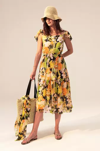 Black camellia floral printed midi dress
