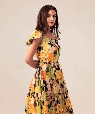 Black camellia floral printed midi dress 3