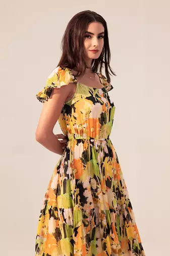 Black camellia floral printed midi dress