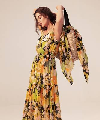 Black camellia floral printed midi dress 4