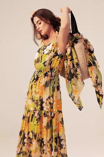Black camellia floral printed midi dress