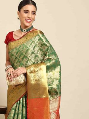 Silk Land  Green  Woven Design Brocade Saree  1