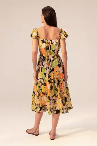 Black camellia floral printed midi dress