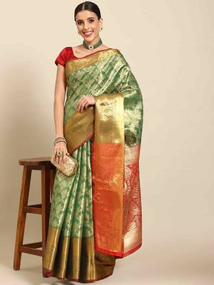 Silk Land  Green  Woven Design Brocade Saree  2