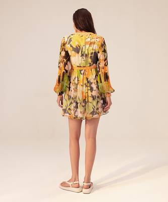 Black camellia floral printed short dress 2