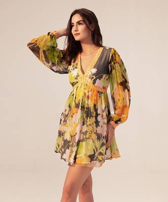 Black camellia floral printed short dress 3