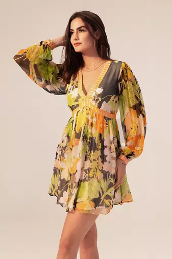 Black camellia floral printed short dress