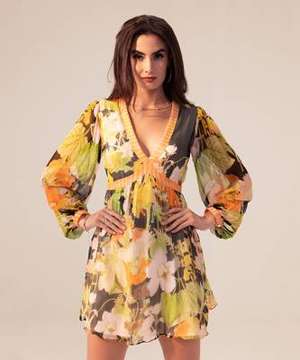 Black camellia floral printed short dress 5
