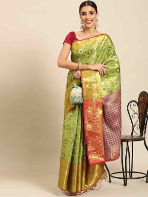 Silk Land  Green  Woven Design Brocade Saree  1