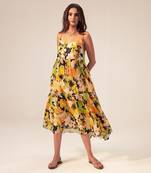 Black camellia floral printed tiered cami dress