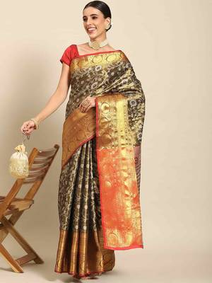 Silk Land  Black  Woven Design Brocade Saree  1