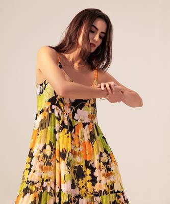 Black camellia floral printed tiered cami dress 2