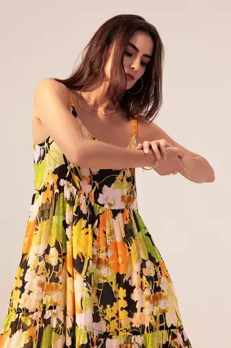 Black camellia floral printed tiered cami dress