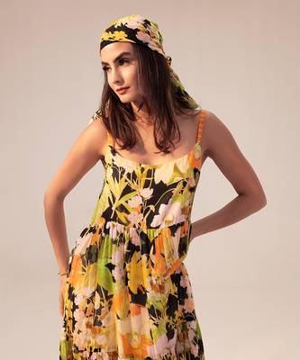 Black camellia floral printed tiered cami dress 3