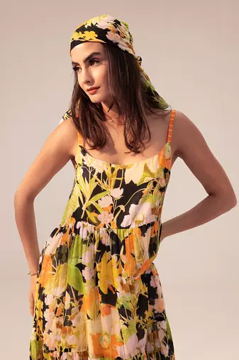 Black camellia floral printed tiered cami dress