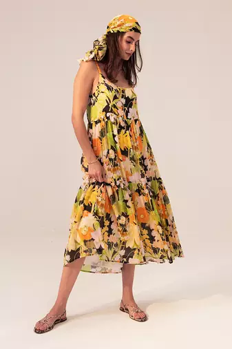 Black camellia floral printed tiered cami dress