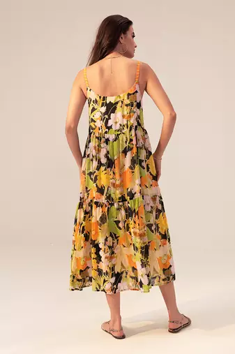 Black camellia floral printed tiered cami dress