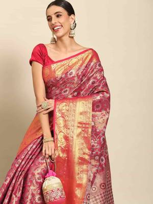 Silk Land  Pink  Woven Design Brocade Saree  1