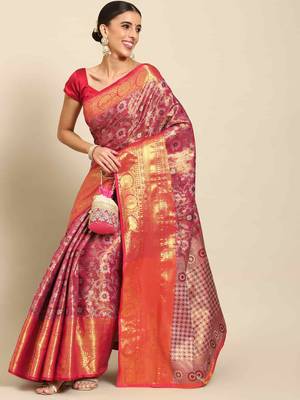 Silk Land  Pink  Woven Design Brocade Saree  2