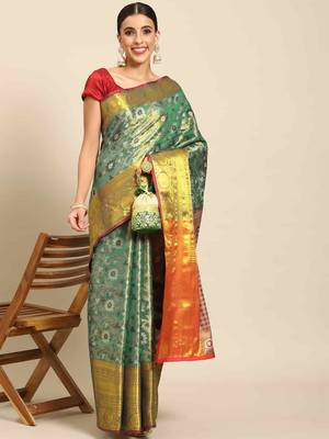 Silk Land  Teal  Woven Design Brocade Saree  1