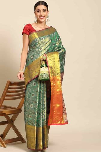 Silk Land  Teal  Woven Design Brocade Saree 