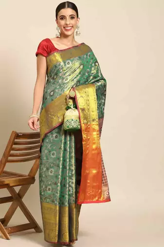 Silk Land  Teal  Woven Design Brocade Saree 
