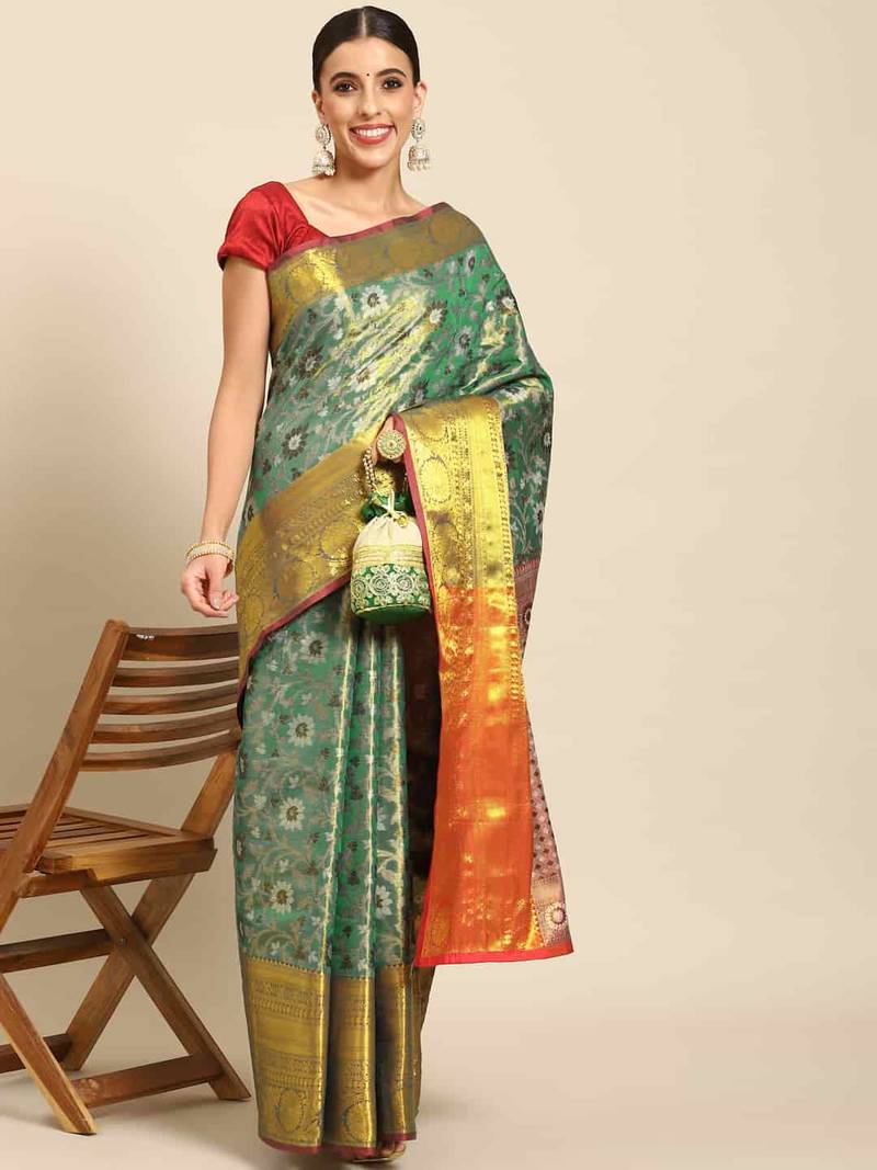 Silk Land  Teal  Woven Design Brocade Saree 