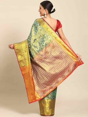 Silk Land  Teal  Woven Design Brocade Saree  2