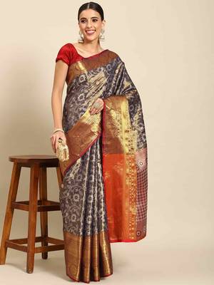Silk Land  Navy Blue  Woven Design Brocade Saree  1