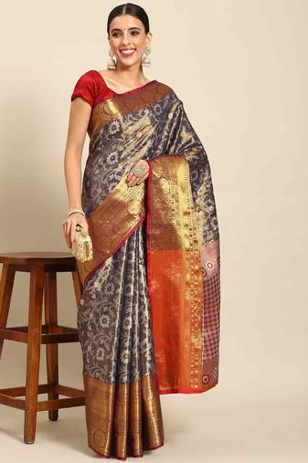 Silk Land  Navy Blue  Woven Design Brocade Saree 