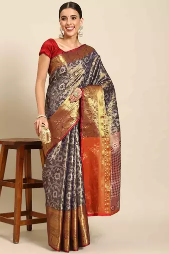 Silk Land  Navy Blue  Woven Design Brocade Saree 