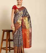 Silk Land  Navy Blue  Woven Design Brocade Saree 
