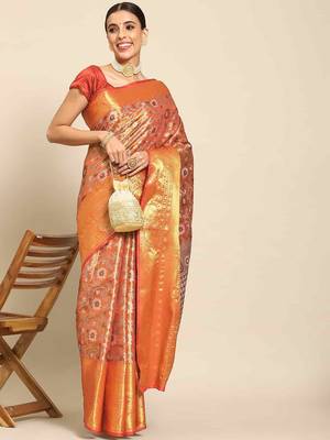 Silk Land  Red  Woven Design Brocade Saree  1