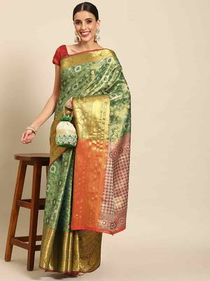 Silk Land  Green  Woven Design Brocade Saree  1