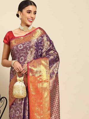 Silk Land  Purple  Woven Design Brocade Saree  1