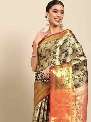 Silk Land  Black  Woven Design Brocade Saree  1