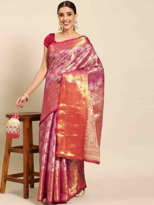 Silk Land  Pink  Woven Design Brocade Saree  1