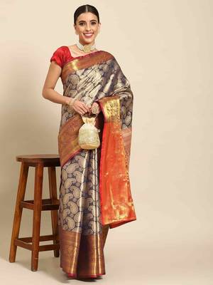 Silk Land  Navy Blue  Woven Design Brocade Saree  1