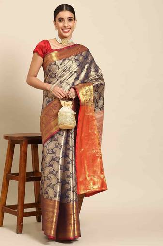 Silk Land  Navy Blue  Woven Design Brocade Saree 