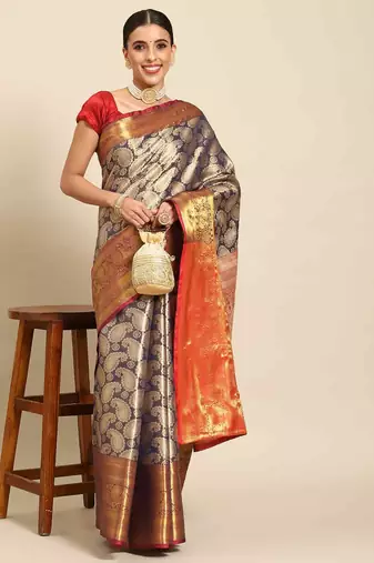 Silk Land  Navy Blue  Woven Design Brocade Saree 